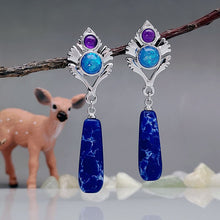 Load image into Gallery viewer, New Long Teardrop Dark Blue Stone Earrings Fantasy Jewelry Fire Opal Purple Red Beads Metal Leaf Scepter Earrings