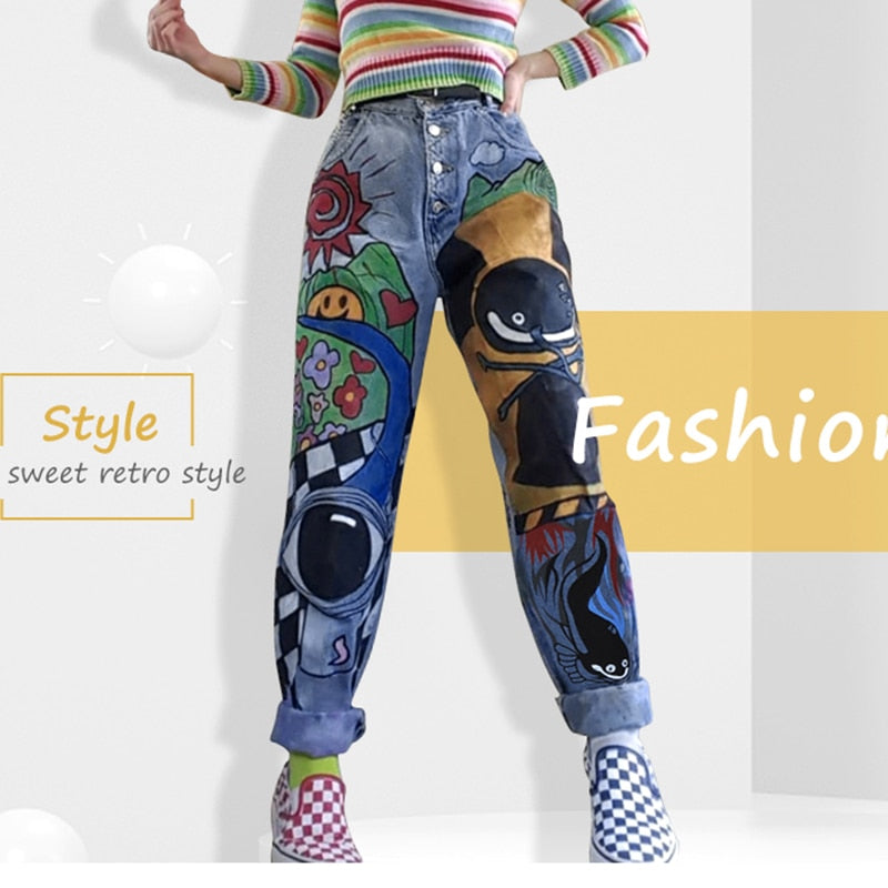 funninessgames Women’s Cartoon Jeans Spring Women Printed Casual Trousers Long Pant Single Breasted Vintage Female Hight Waist Denim Jeans