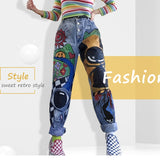 funninessgames Women’s Cartoon Jeans Spring Women Printed Casual Trousers Long Pant Single Breasted Vintage Female Hight Waist Denim Jeans