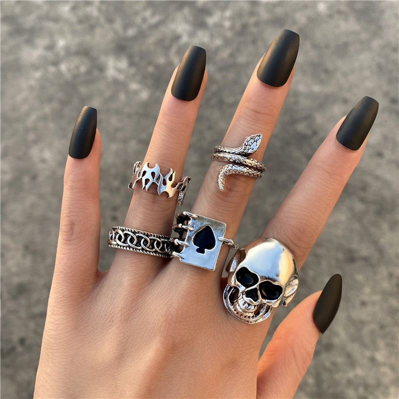 Punk Gothic Butterfly Snake Chain Ring Set for Women Black Dice Vintage Silver Plated Retro Rhinestone Charm  Finger Jewelry