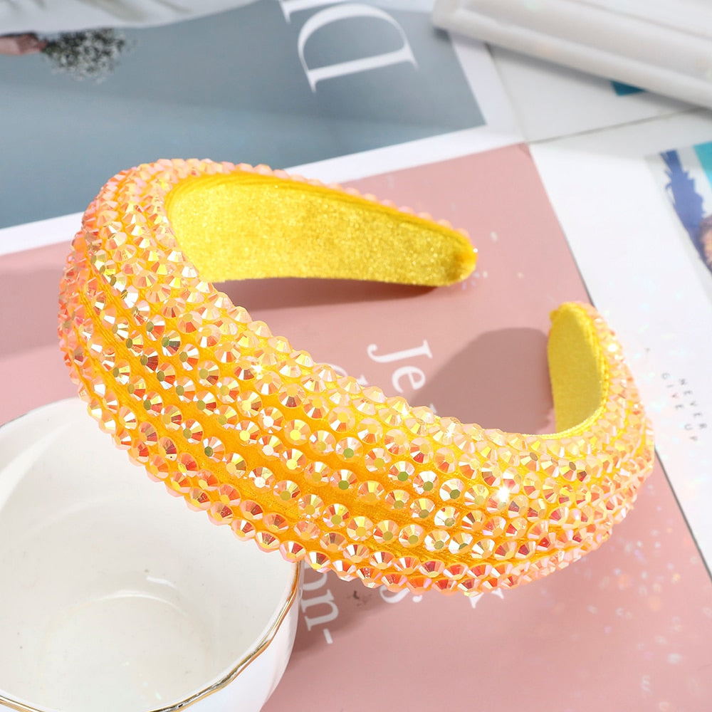 AWAYTR New Rhinestone Full Crystal Headbands for Women Wide Elastic Hairbands Baroque Diamond Tiara Hair Accessories Headdress