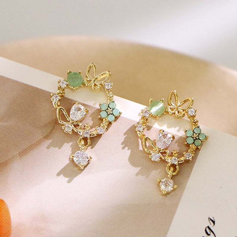 2022 Korean New Colorful Rhinestone Wreath Stud Earrings Sweet Flower Crystal Pearl Brincos Women Party Birthday Jewelry Gift