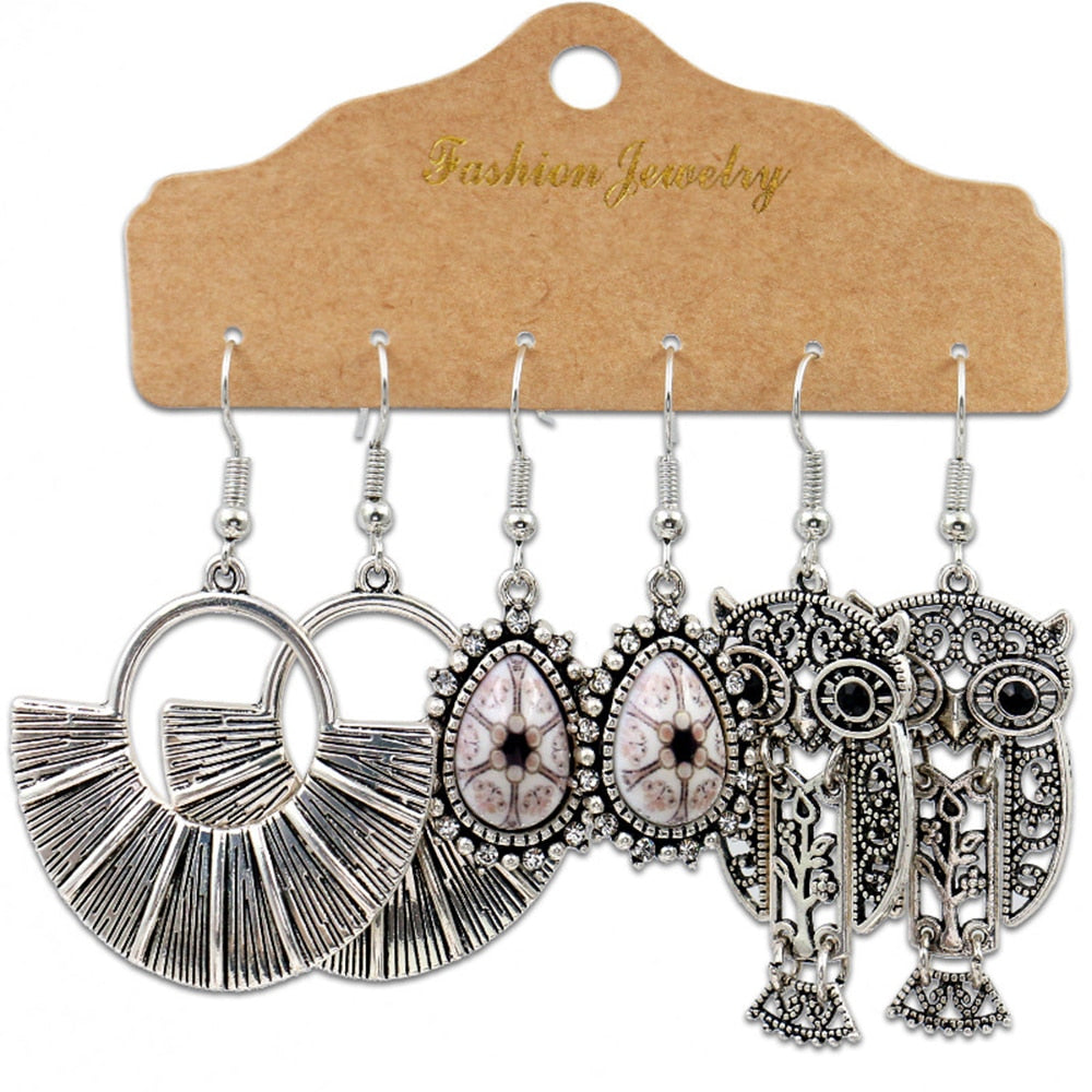 47 Style New Vintage Earrings Jewelry For Women Fashion Silver Color Geometric Tassels Colored Stone Pendant Earrings Party Gift