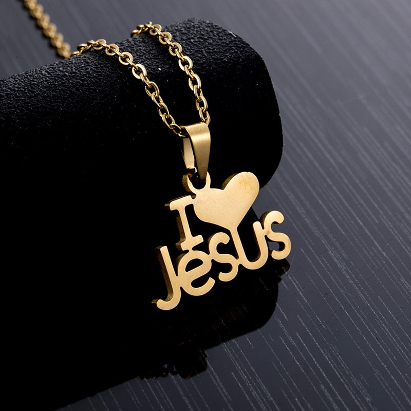Fashion Heart I Love JESUS pendant Necklace Stainless steel Gold color Women charm Christian religious Jewelry Gift