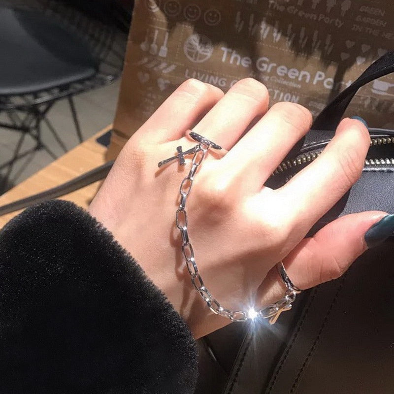 Men Punk Silver Color Plated Cross Chain Ring For Women Trendy Hip Hop Finger Knuckle Adjustable Jewelry Accessories Gift Anillo