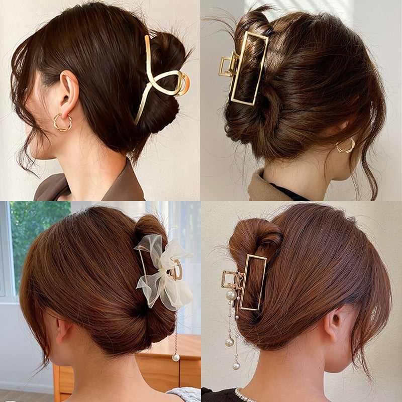 New Women Elegant Gold Silver Hollow Geometric Metal Hair Claw Vintage Hair Clips Headband Hairpin Fashion Girl Hair Accessories