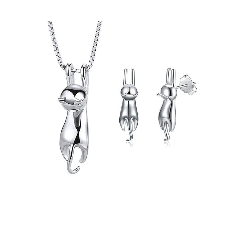 925 Sterling Silver Elegant Cute Cat Jewelry Set Necklace And Earrings Wedding Bridal Jewelry Sets for Women