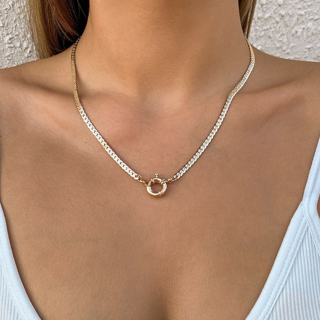 IngeSight.Z Simple Minimalist Copper Flat Snake Chain Choker Necklace Punk V-Shaped Short Collar Clavicle Necklace Women Jewelry