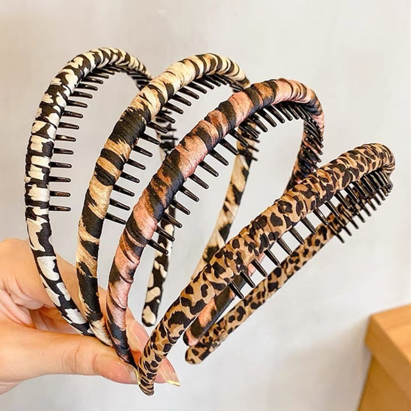 Fashion Headdress Solid Leopard Headband Wrap Bezel With Teeth Hair Hoop Hairband Headwear For Women Anti-slip Hair Accessories
