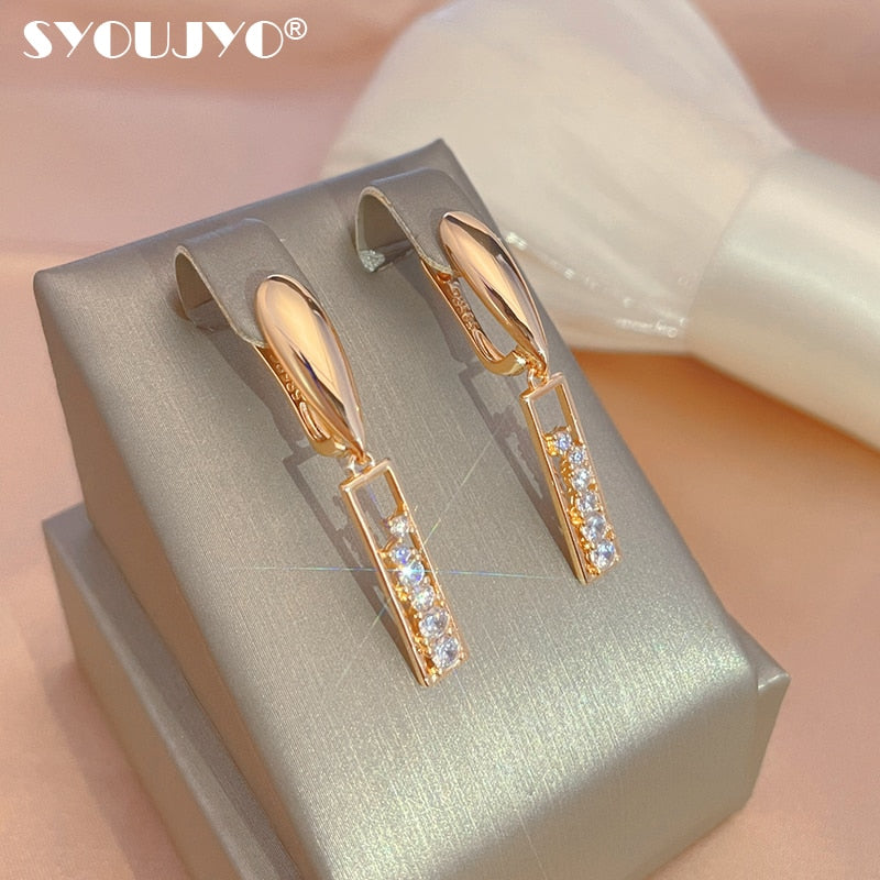 SYOUJYO Elegant 585 Rose Gold Long Earrings For Women Shiny Natural Zircon Trendy Drop Earrings Bride Wedding Jewelry