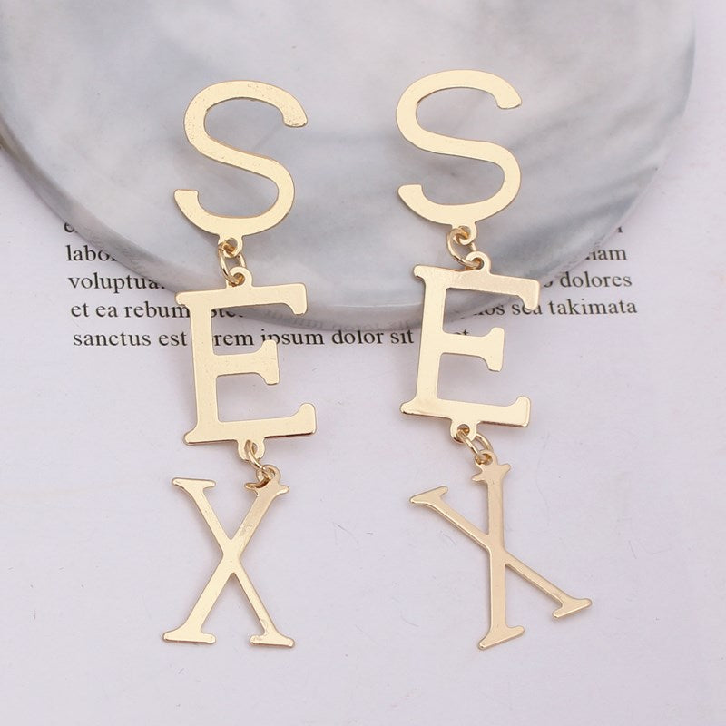 New English Alphabet SEX Long Drop Earring for Women Paint Gold Color Metal Letter Statement Party Wedding Jewelry Accessories