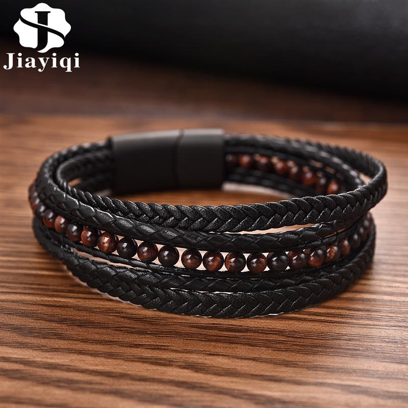 Jiayiqi Fashion Natural Stone Beads Men Bracelet Multilayer Leather Bracelet Punk Jewelry Stainless Steel Magnetic Clasp Bangles