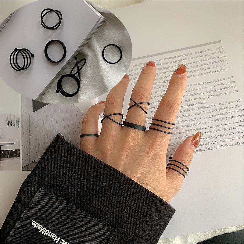 New Punk Finger Rings 6pcs/set Minimalist Smooth Gold/Black Geometric Metal Rings for Women Girls Party Jewelry bijoux femme