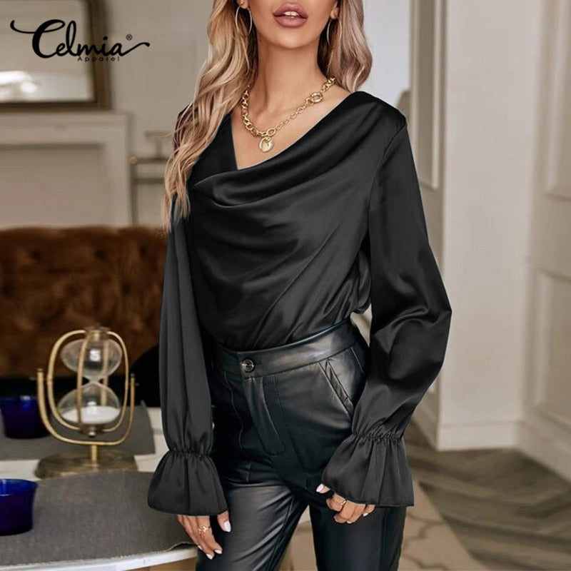 Women Satin Tops Tunics Autumn Blouses Celmia  Fashion Casual Sexy Cowl Neck Elegant Shirts Long Flare Sleeve Party Blusas