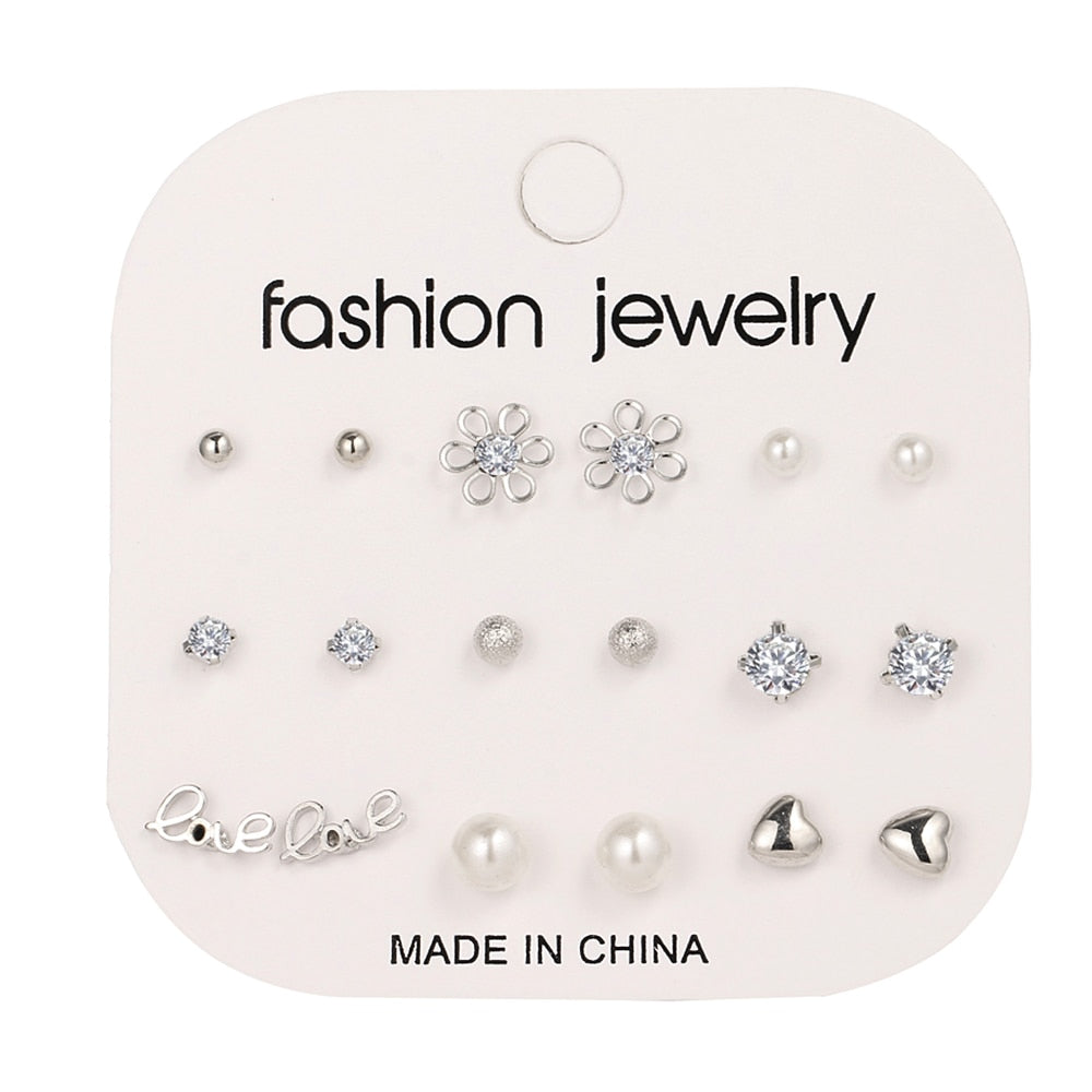 FNIO Women&#39;s Earrings Set Pearl Earrings For Women Bohemian Fashion Jewelry 2022 Geometric Crystal Heart Stud Earrings