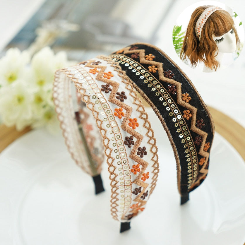 Korea Bright Silk Wide Side Embroidery Hairbands Sequi Hair Accessories Hairband for Girls Flower Crown Headbands for Women