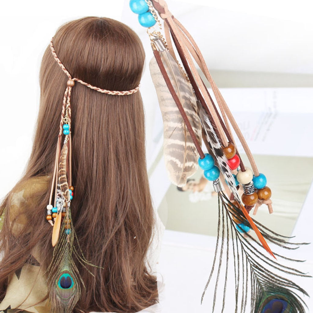 Women vintage Indian Headband Headdress For Girl Adjustable Bohemian Head Rope Bandage Peacock Feather Hair Hoop Band Headwear