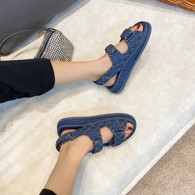TUINANLE Denim Blue Sandals Women 2022 New Summer Ladies Black Soft PU Leather Sandals Hook&amp;Loop Shoes Comfortable Flat Sandals