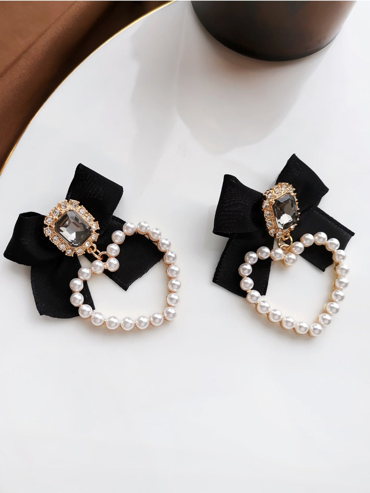 S925 needle Sweet Jewelry Black Bowknot Earrings 2022 New Design Crystal Glass Simulated Pearls Heart Drop Earrings For Girl
