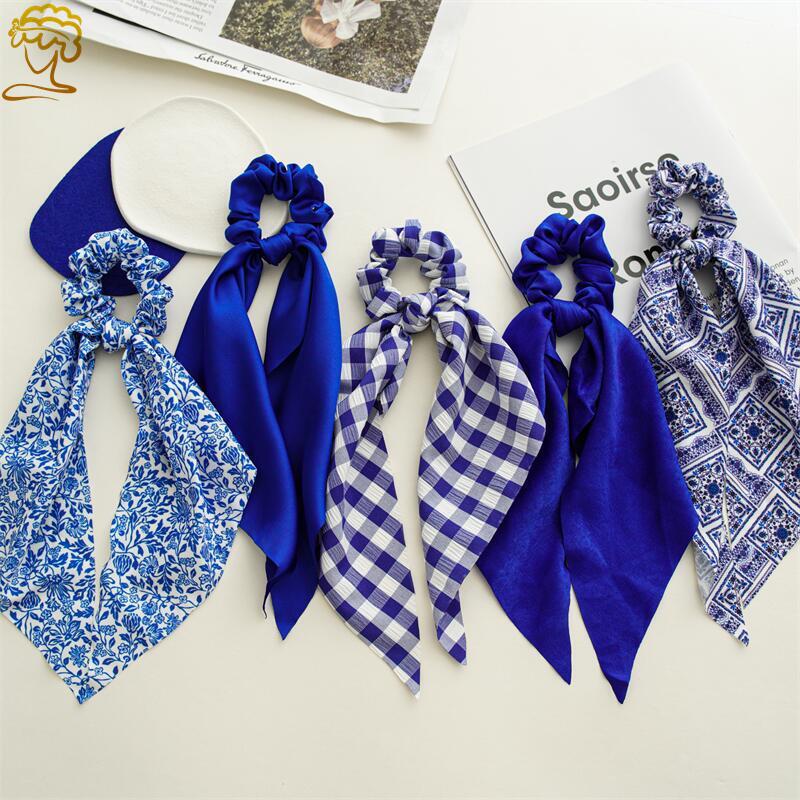 1PC New Women Scrunchie Ribbon Elastic Hair Bands Bow Scarf Blue Head Band for Girls Ladies Hair Ropes Ties Hair Accessories