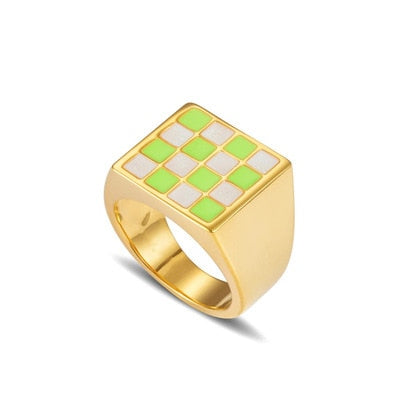 HangZhi 2022 New INS Flower Butterfly Checkered Windmill Dripping Oil Glazed Geometric Chunky Ring for Women Y2K Party Jewelry