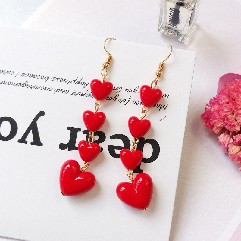 Korean Style Long Tassel Earrings Red Lovely Heart Drop Earrings Women Girls Valentine&#39;s Day Festival Birthday New Year Gift