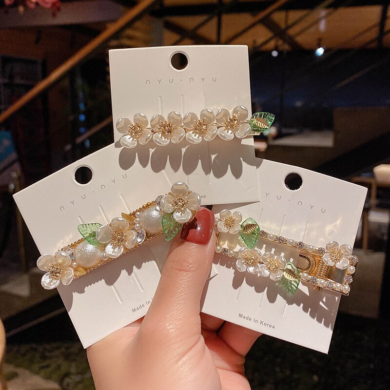 Pear Flower Series Hairpin Sweet and Cute Shell Flower Side Clip Green Leaf Spring Clip Duck Hairpin Hair Accessories
