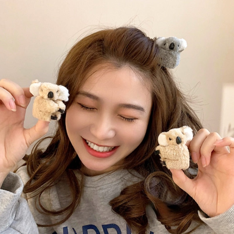 2022 Women Girls Cute Side Bangs Clip Plush Koala Bear Ornament Hair Clips Lady Soft Barrettes Hairpins Female Hair Accessories