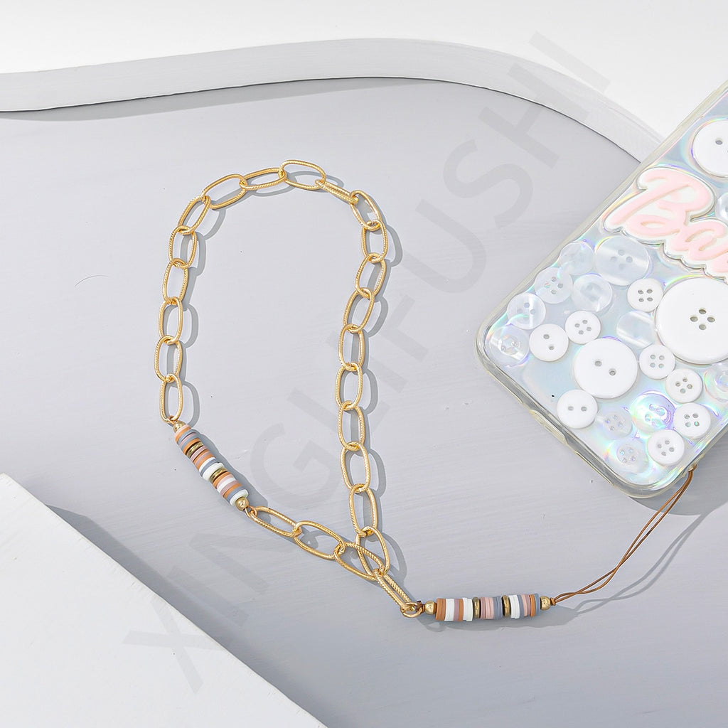 Personalized Bizarre Crushed Stone Flat Imitation Pearl Stitching Mobile Phone Decoration Chain Women Anti-Lost Lanyard Jewelry