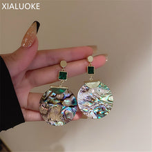 Load image into Gallery viewer, XIALUOKE Retro Long Tassel Metal Square Green Glass Large Round Shells Earrings For Women Personality Drop Earrings Jewelry