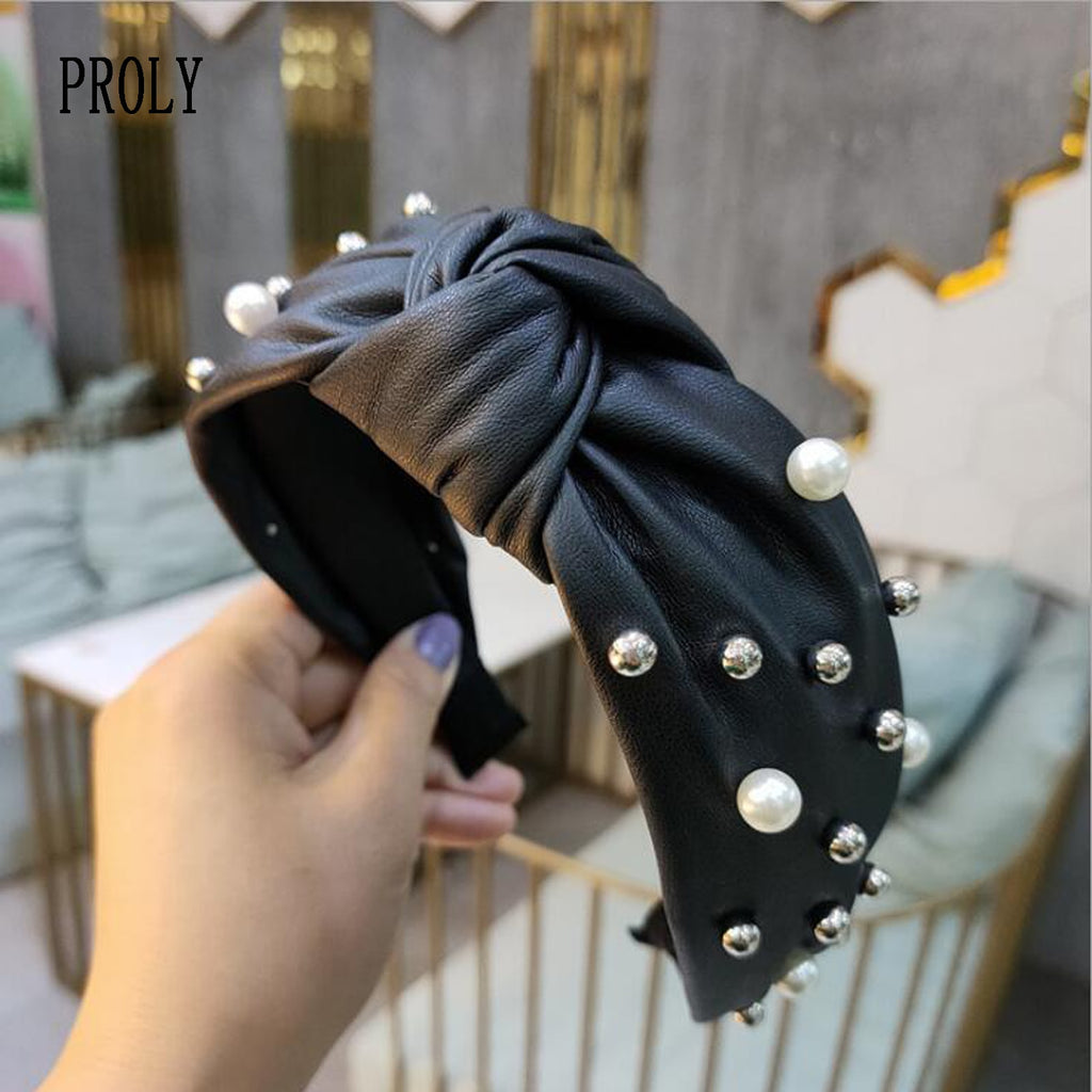 PROLY New Fashion PU Hairband For Women Wide Side Mixing Pearls Headband Artificial leather Leather Headwear Hair Accessories