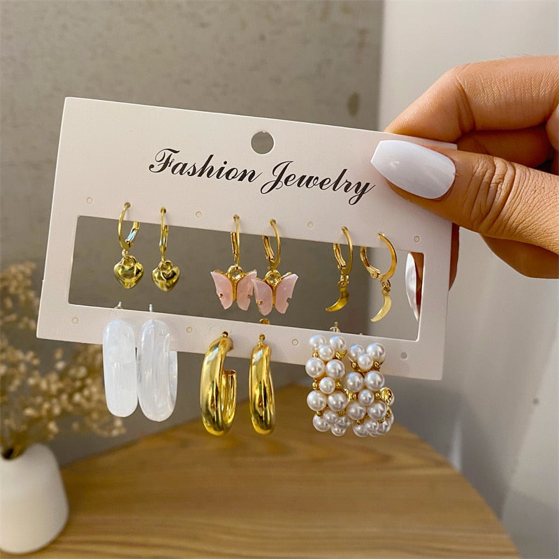 Trendy Black Earring Set For Women Girls Y2K Colorful Resin Butterfly Heart Dangle Earrings Dripping Oil Enamel Ring Jewelry