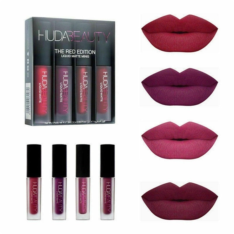 4Pcs/Set HUDA Lip Gloss Mini Lip Glaze Set Four Matte Waterproof Non-stick Non-fading Lipsticks Makeup Women Cosmetic Lip Care