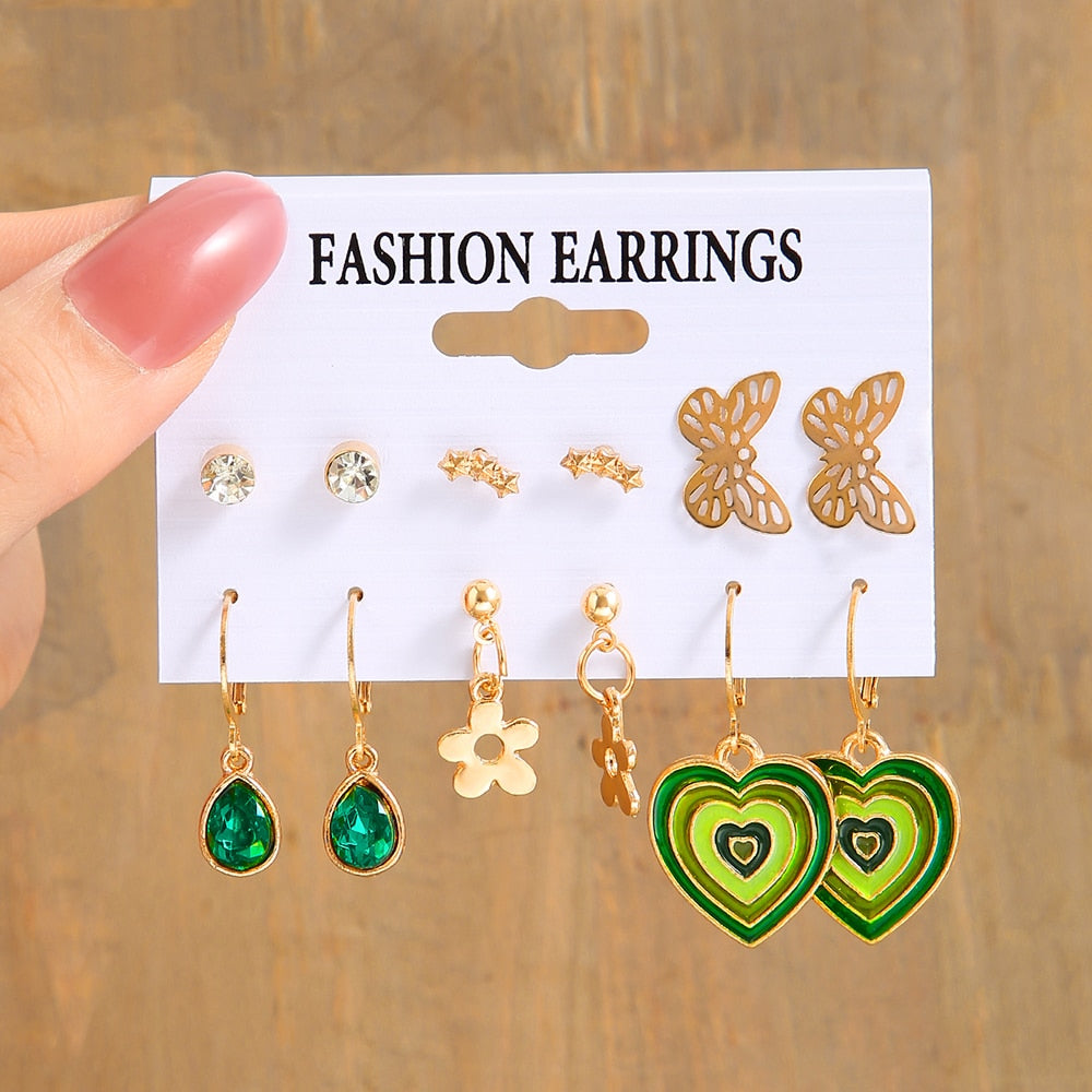 6pcs/set Snake Butterfly Earrings Set For Women Girls Vintage Metal Silver Plated Rhinestones Heart Drop Earrings Jewelry Gift