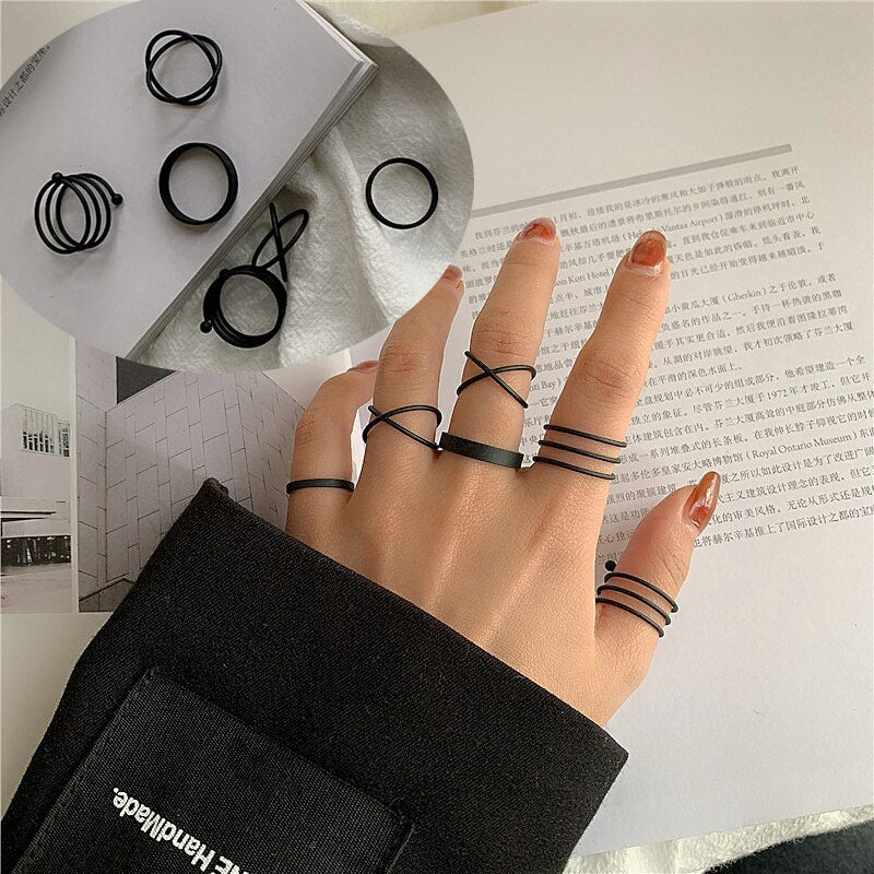 Vintage Black Rings Set For Women Girls Punk Metallic Geometric Simple Adjustable Finger Rings Set Trend Jewelry Gifts