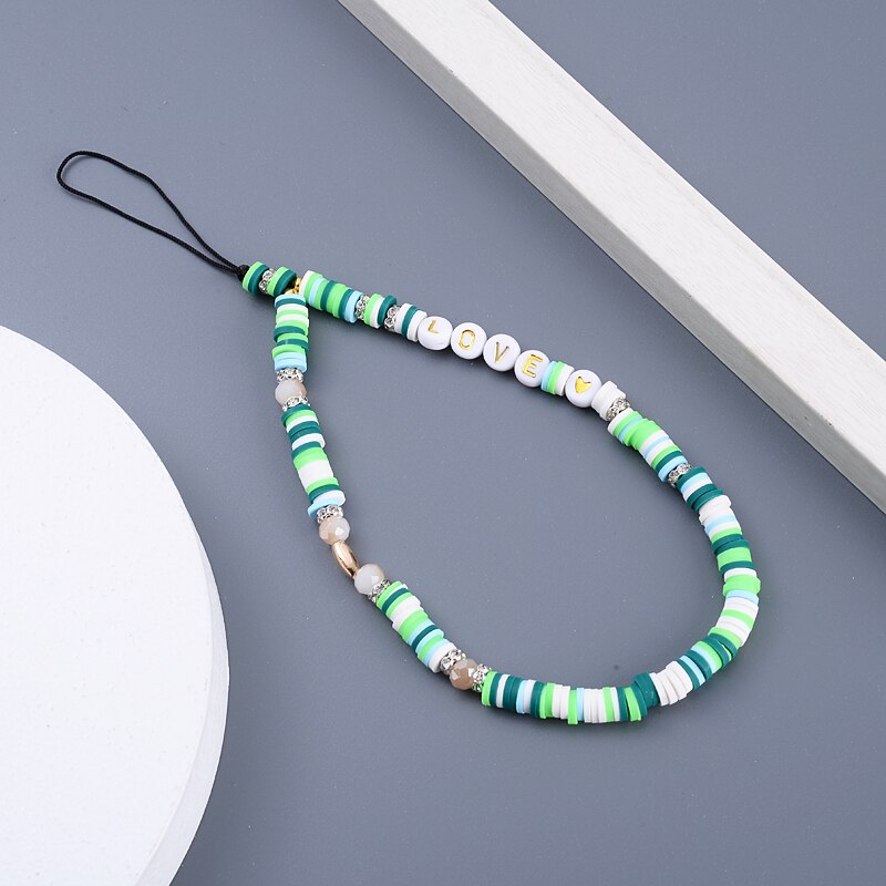 Women Anti-Lost Lanyard Chains 6mm Heishi Clay Beaded Phone Chain Mobile Phone Strap Charm Love Letter Telephone Jewelry