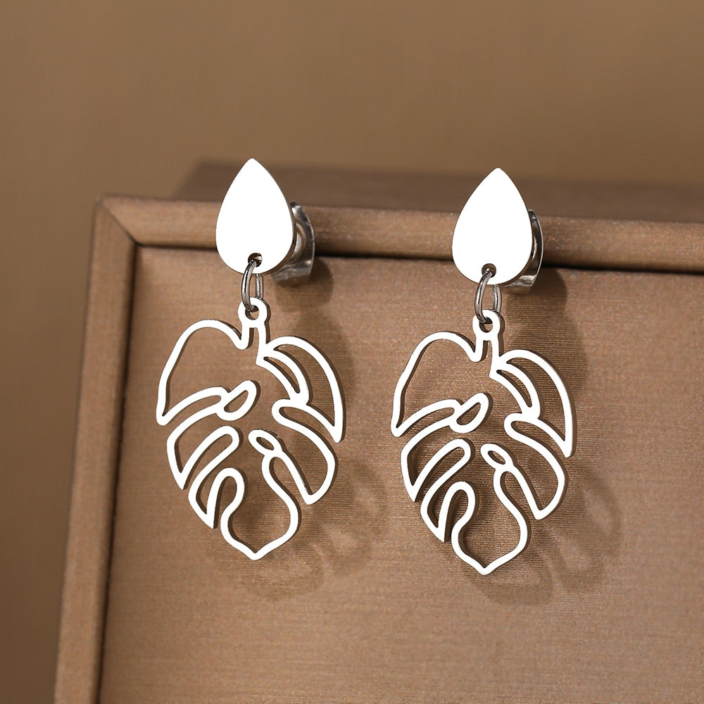 Stainless Steel Earrings Classic Vintage Water Drop Plant Leaves Fashion Pendants Earrings For Women Jewelry Party Girls Gifts