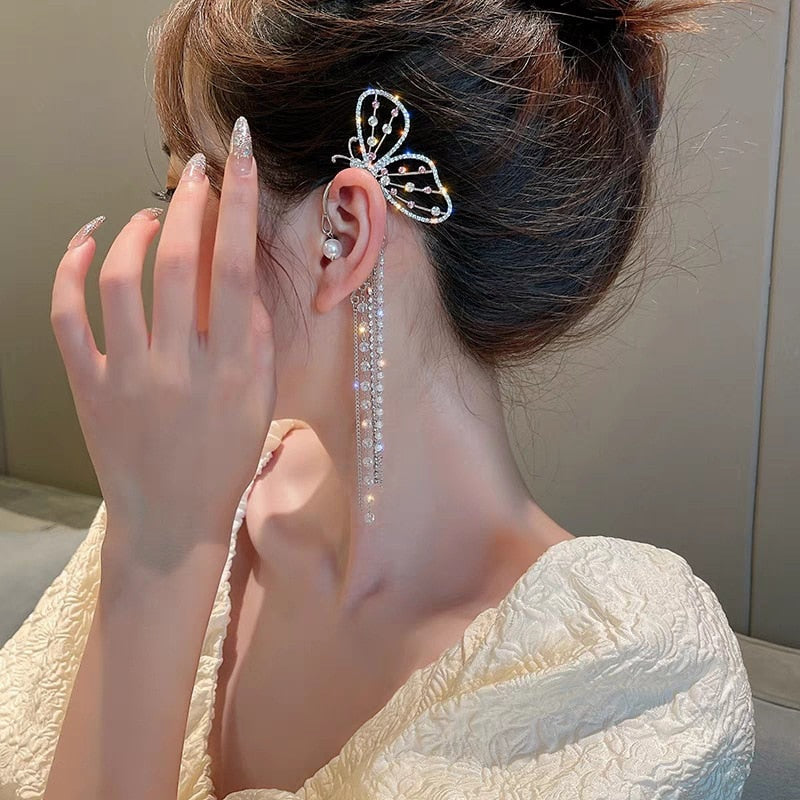 LATS Fashion Crystal Butterfly Clip Earring for Women Pearl Bead Ear Cuff Long Tassels Charm Hollow Earrings Clip Jewelry Gifts
