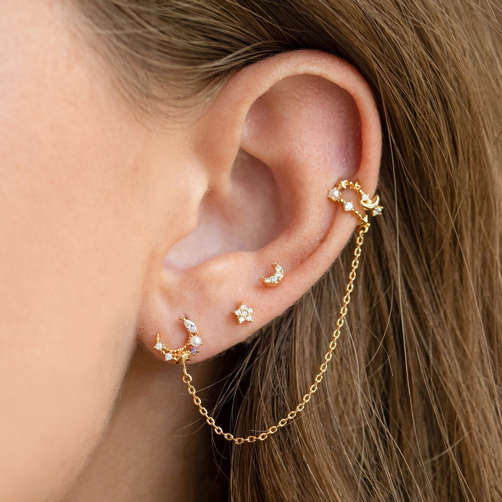 Gold Color Ear Cuff Long Chain Piercing Stud Earring for Women Vintage CZ Zircon Moon Shape Ear Studs New Trend Jewelry