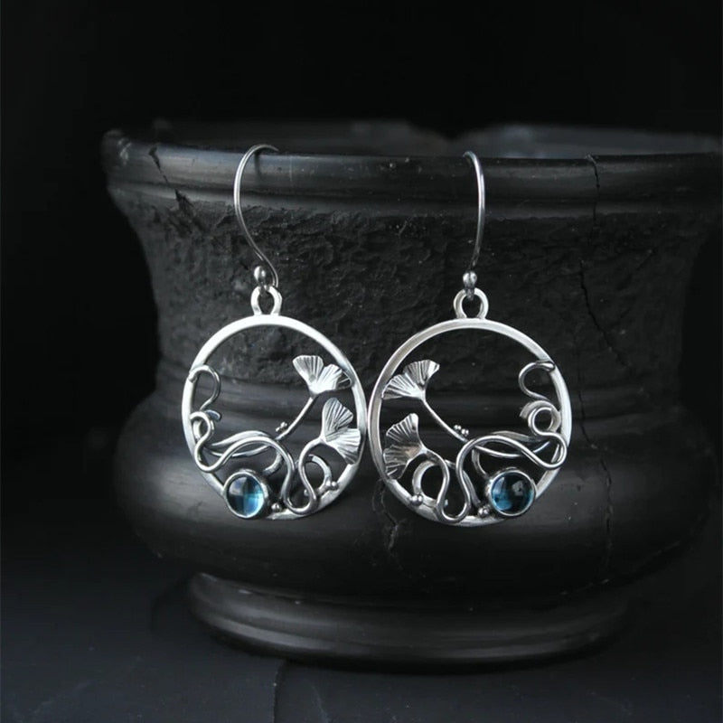 Vintage Trendy Round Silver Color Metal Flower Women's Earrings Metal Hollow Inlaid Blue Zircon Dangle Earrings Jewelry
