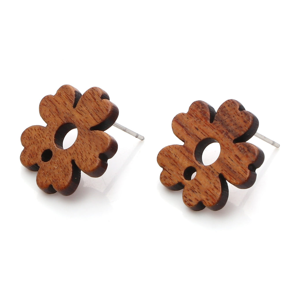 10PCs Wood Flora Collection Ear Post Stud Earrings Findings Round Brown Flower Hollow DIY Earrings Women Party Jewelry Gifts
