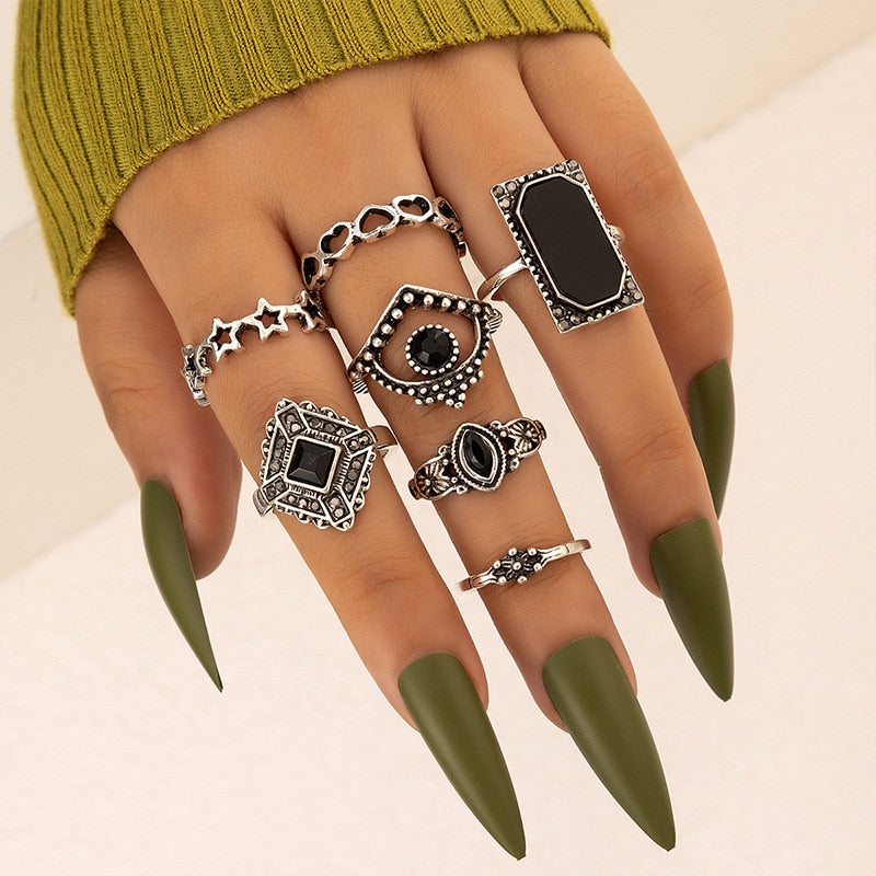 Vintage Silver Color Ring Set Hip Hop Aesthetic Gothic Rings for Women Punk Evil Eye Snake Ring Set Fashion Jewelry 2022 New