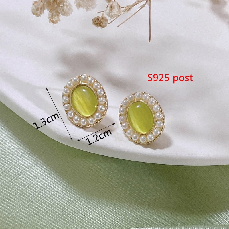 Green Color Crystal Dangle Earrings for Women Flower Pendants Imitation Pearl Earrings Metal Leaves pendientes Party Gift