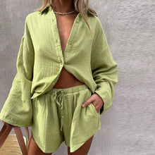 Load image into Gallery viewer, funninessgames Back To School Women Casual Tracksuit Shorts Set Summer Long Sleeve Shirt Tops And Mini Drawstring Shorts Suit Lounge Wear Two Piece Set
