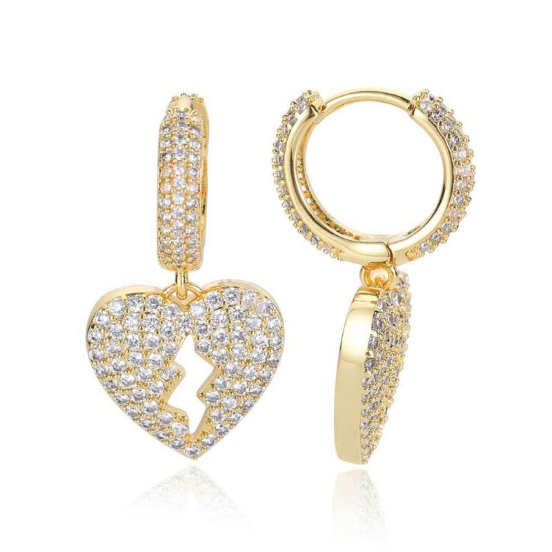 Hip Hop Ice Out Broken Heart Dangle Earrings for Men Women Silver Color Cubic Zircon Huggie Earrings Anti Allergy Jewelry