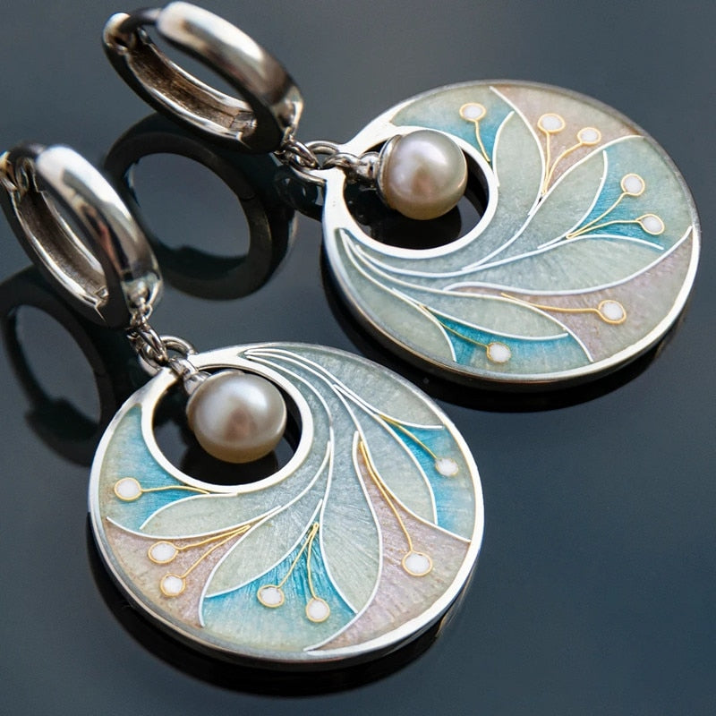 Colorful Peacock Tail Earrings Fashion Round Metal Inlaid Pearl Drop Earrings Women&#39;s Jewelry