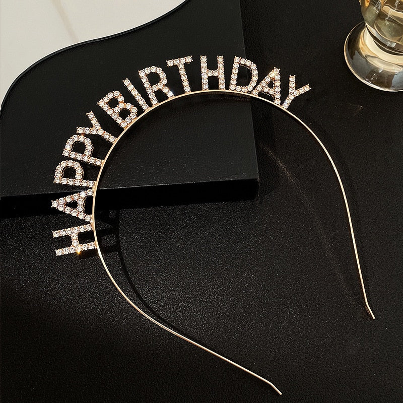 Happy Birthday Hair Hoop Elegant Ladies Rhinestone Letter Hairbands Light Luxury Metal Headband Girl Hair Hoop Hair Accessories