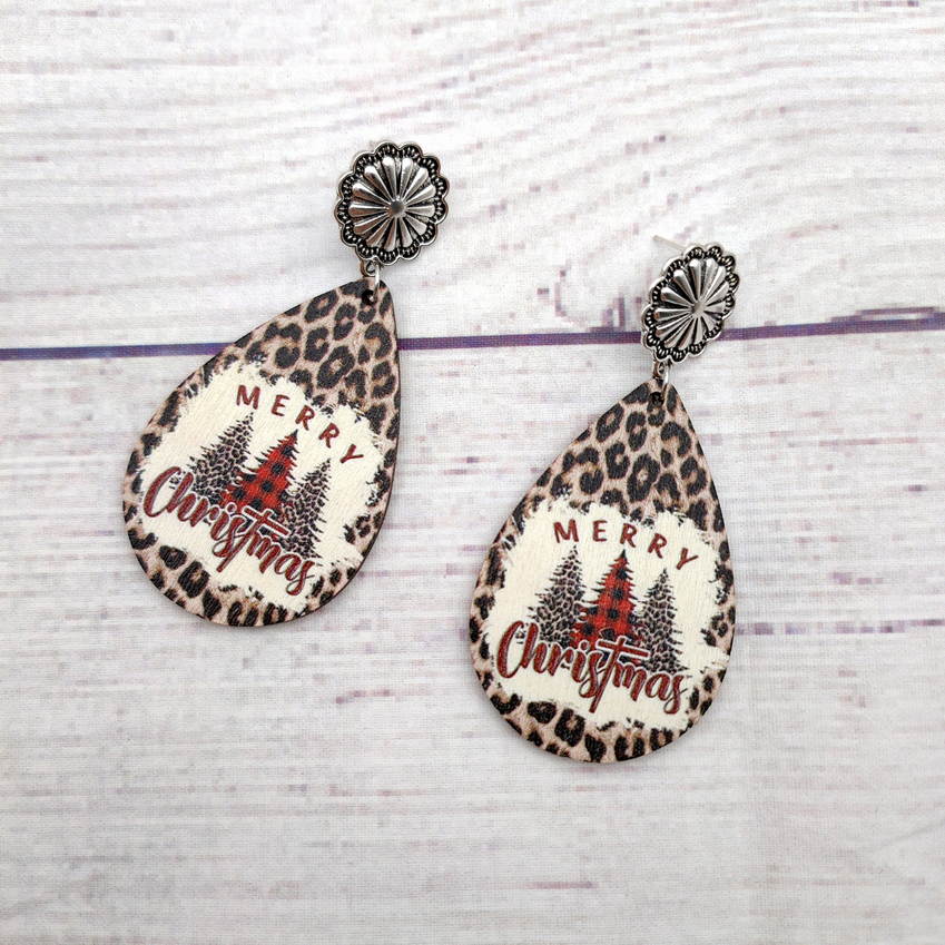 Buffalo Plaid Christmas Tree Pattern Leopard Background Wood Teardrop Dangle Earrings 2022 New Christmas Earrings Gifts Jewelry