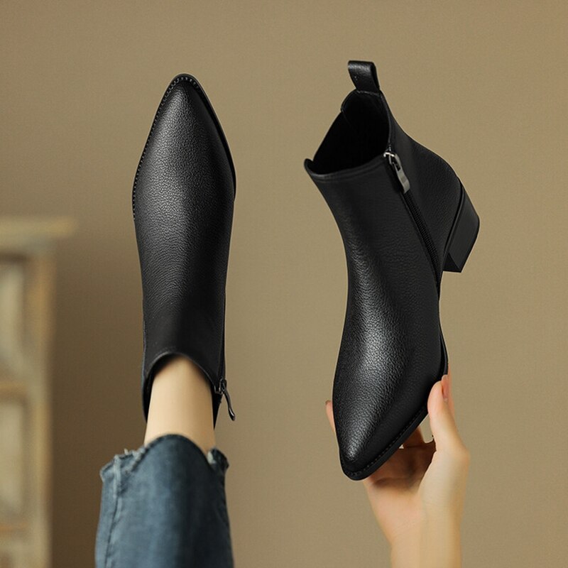funninessgames  fashion inspo   NEW Autumn Boots Women Split Leather Shoes for Women Pointed Toe Chunky Heel Shoes Retro Zipper Short Boots Black Ankle Boots