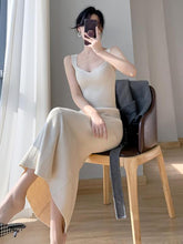Load image into Gallery viewer, funninessgames Korea Summer New Women White Elegant V-neck Knit Slip Long Dress French Black Sexy Club Slim Prom Evening Party Fishtail Dresses